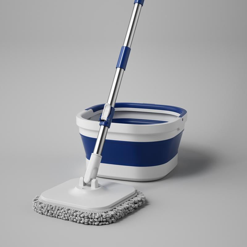 Foldable Spin Mop & Square-Head Collapsible Bucket – Space-Saving Self-Wring Microfiber Mop with Extendable Stainless-Steel Handle for Hardwood, Tile & Marble Floors Adjustable Cleaning Silicone Brush