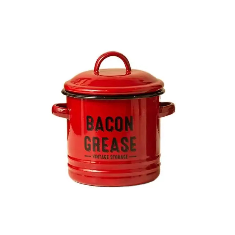 1Pc, Oil Pot, Enamel Grease Container with Lid, Vintage Large Capacity Oil Storage Canister, Rustic Kitchen Decor