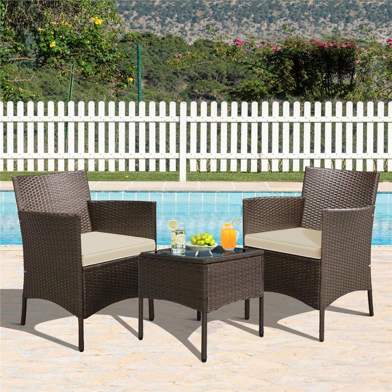 【#Fathersdaygift】Yaheetech 3-Piece Patio Furniture Set, Outdoor Rattan Conversation Furniture Set, 2 Chairs with Cushions & 1 Side Table for Bistro/Porch/Garden/Deck/Courtyard