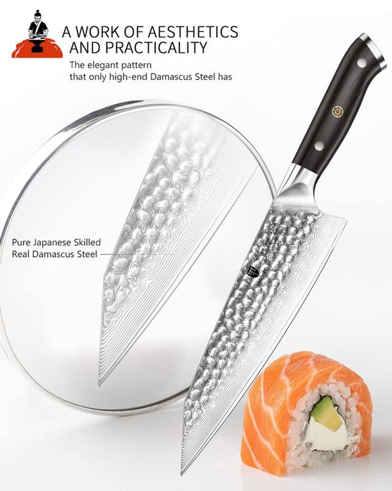 Japanese Damascus Chef Knife, 8 Inch with Japanese VG-10 Steel Core Wooden, Ultra-Sharp Professional Kitchen Knife, Handcrafted with Ebony Wood Handle, Holiday Gifts Blade Knives Cuchillos Japonés