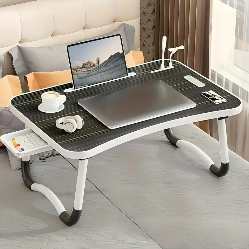 The King of Folding Desks - Portable Laptop Bed Desk with 4 USB Ports Wind Fan LED Light Cup Holder & Side Drawer for Working Reading Writing Eating on Bed Sofa Floor, Outdoor, Party,Dinner