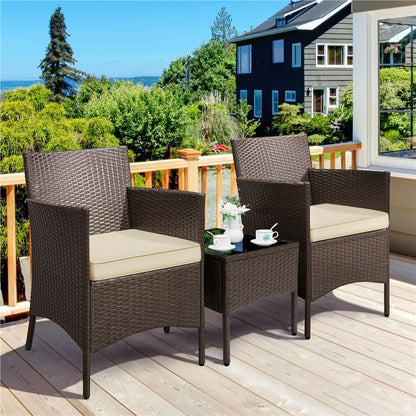 【#Fathersdaygift】Yaheetech 3-Piece Patio Furniture Set, Outdoor Rattan Conversation Furniture Set, 2 Chairs with Cushions & 1 Side Table for Bistro/Porch/Garden/Deck/Courtyard