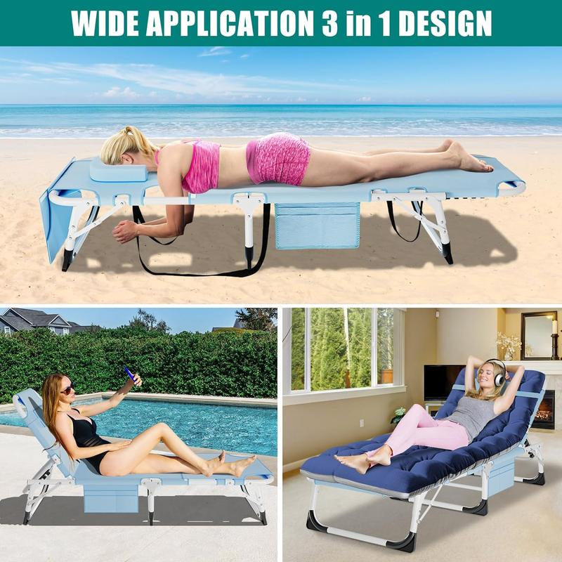 [Dealsforyoudays]Docred Face down Folding Tanning Chair with Cushion,Oversized 5-Position Recliner, Detachable Pillow, Portable Chaise Lounge for Sunbathing, Beach, Pool, Camping