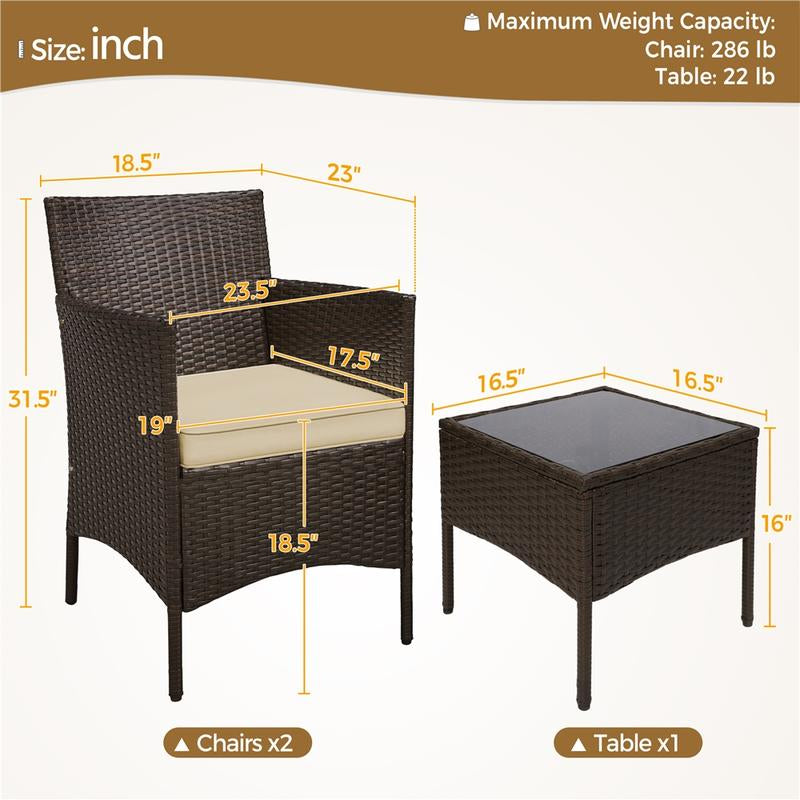 【#Fathersdaygift】Yaheetech 3-Piece Patio Furniture Set, Outdoor Rattan Conversation Furniture Set, 2 Chairs with Cushions & 1 Side Table for Bistro/Porch/Garden/Deck/Courtyard