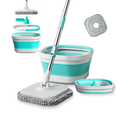 Foldable Spin Mop & Square-Head Collapsible Bucket – Space-Saving Self-Wring Microfiber Mop with Extendable Stainless-Steel Handle for Hardwood, Tile & Marble Floors Adjustable Cleaning Silicone Brush