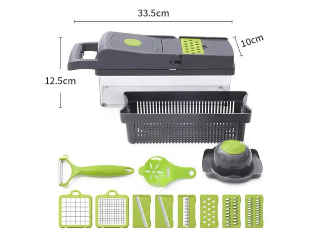 Adierim 14 in 1 Vegetable Slicer Dicer Multifunctional Onion Carrot Garlic Chopper with Container Gray Plastic Kitchen Steel Utensils Chopping Handy Lid Stainless Transparent