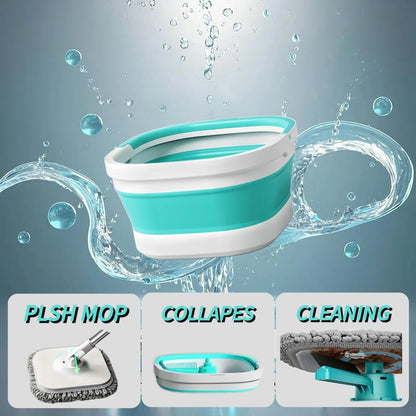 Foldable Spin Mop & Square-Head Collapsible Bucket – Space-Saving Self-Wring Microfiber Mop with Extendable Stainless-Steel Handle for Hardwood, Tile & Marble Floors Adjustable Cleaning Silicone Brush