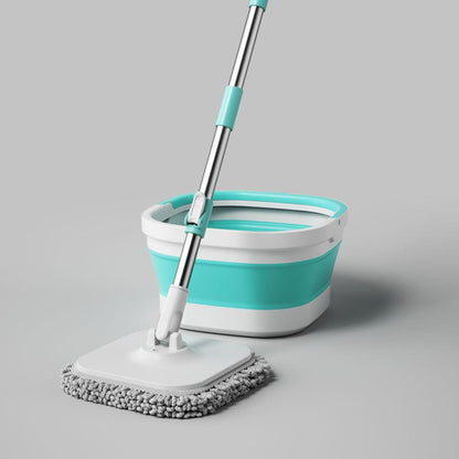 Foldable Spin Mop & Square-Head Collapsible Bucket – Space-Saving Self-Wring Microfiber Mop with Extendable Stainless-Steel Handle for Hardwood, Tile & Marble Floors Adjustable Cleaning Silicone Brush