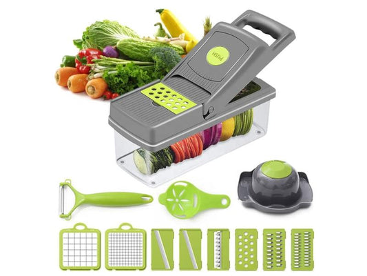 Adierim 14 in 1 Vegetable Slicer Dicer Multifunctional Onion Carrot Garlic Chopper with Container Gray Plastic Kitchen Steel Utensils Chopping Handy Lid Stainless Transparent