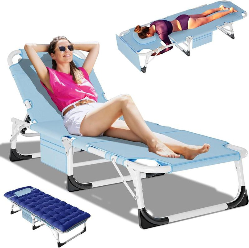 [Dealsforyoudays]Docred Face down Folding Tanning Chair with Cushion,Oversized 5-Position Recliner, Detachable Pillow, Portable Chaise Lounge for Sunbathing, Beach, Pool, Camping