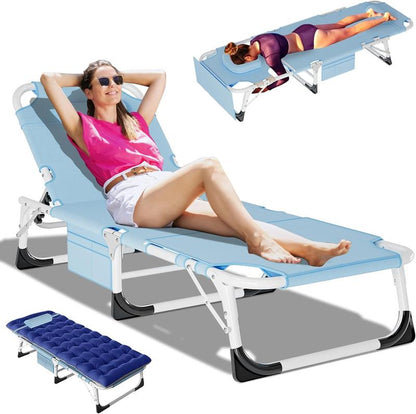 [Dealsforyoudays]Docred Face down Folding Tanning Chair with Cushion,Oversized 5-Position Recliner, Detachable Pillow, Portable Chaise Lounge for Sunbathing, Beach, Pool, Camping