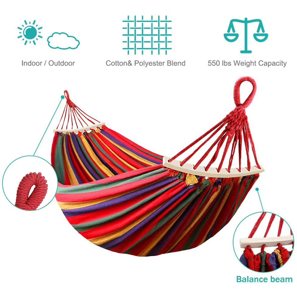 1-2 Person Fabric Hammock with Tree Straps 264Lbs Capacity Stripe Hammock Pendant 102X32 in for Outdoor Indoor with Carry Bag