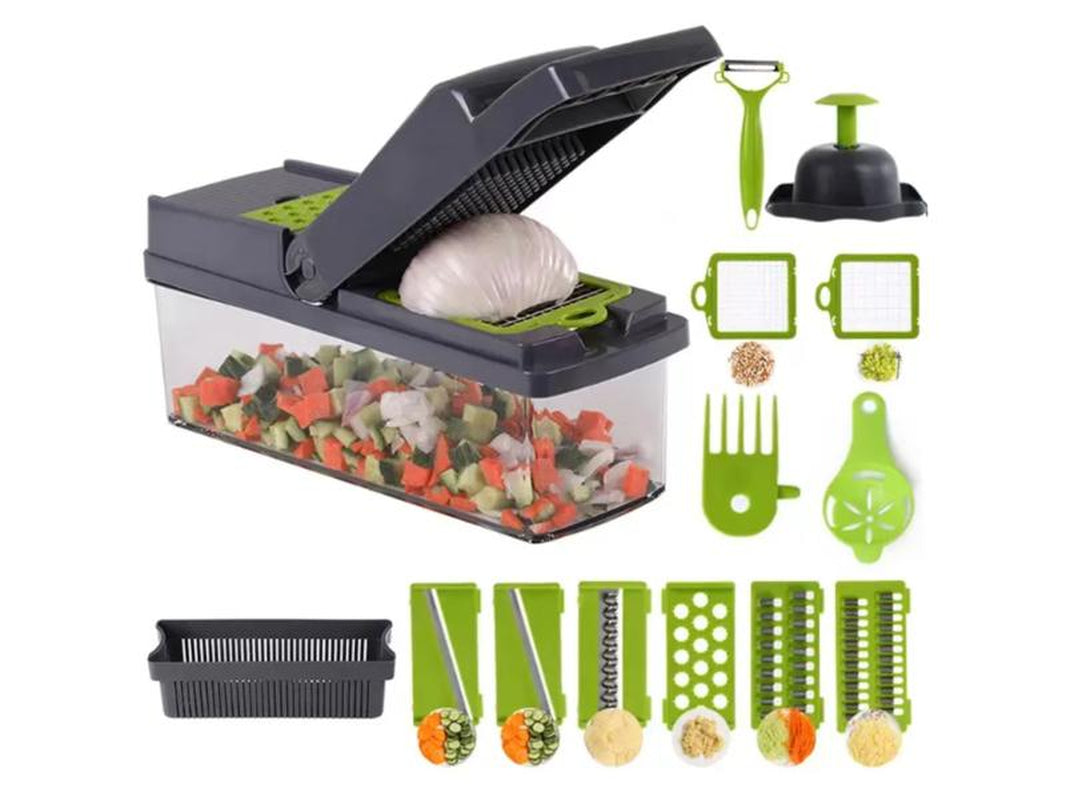 Adierim 14 in 1 Vegetable Slicer Dicer Multifunctional Onion Carrot Garlic Chopper with Container Gray Plastic Kitchen Steel Utensils Chopping Handy Lid Stainless Transparent