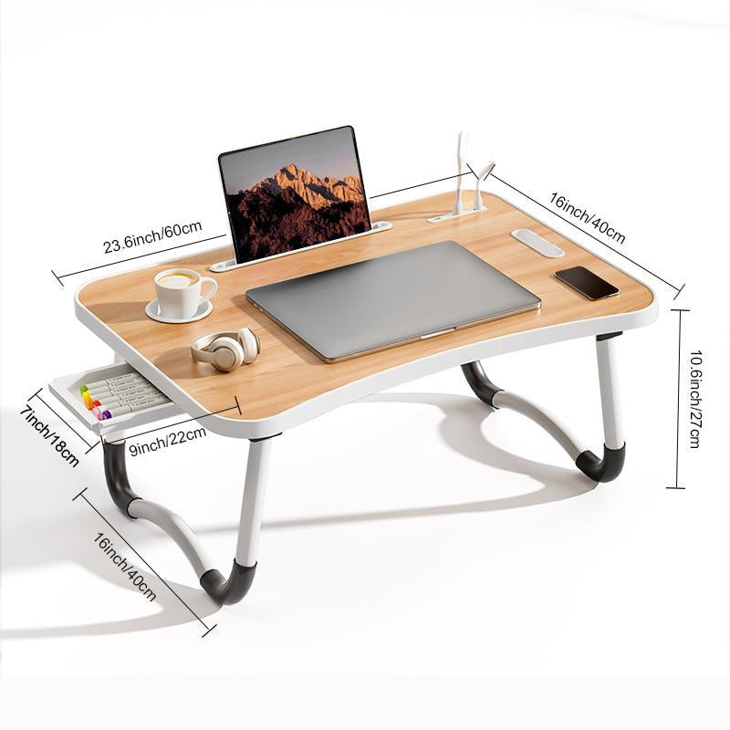 Laptop Bed Table - Adjustable Height, Foldable with USB Charging Port, Handle, Card Slot & Drawer - for Students & Remote Workers - Perfect for Dormitory, Bedside & Home Office