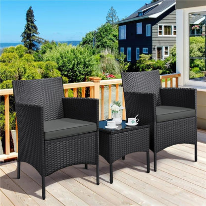 【#Fathersdaygift】Yaheetech 3-Piece Patio Furniture Set, Outdoor Rattan Conversation Furniture Set, 2 Chairs with Cushions & 1 Side Table for Bistro/Porch/Garden/Deck/Courtyard