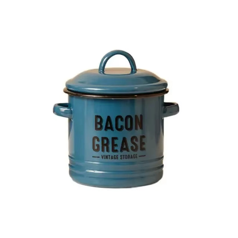 1Pc, Oil Pot, Enamel Grease Container with Lid, Vintage Large Capacity Oil Storage Canister, Rustic Kitchen Decor