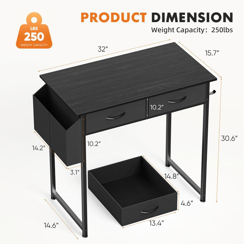 Computer Desk with Drawers Study Writing Table with Storage Bag Headphone Hook Adjustable Feet for Home Office Small Spaces