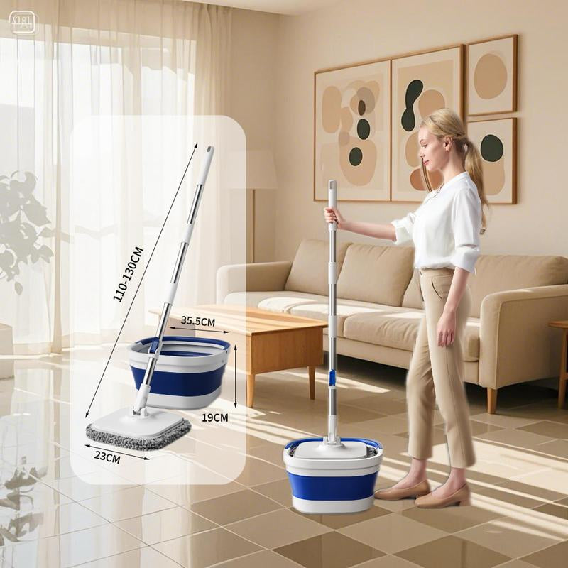 Foldable Spin Mop & Square-Head Collapsible Bucket – Space-Saving Self-Wring Microfiber Mop with Extendable Stainless-Steel Handle for Hardwood, Tile & Marble Floors Adjustable Cleaning Silicone Brush