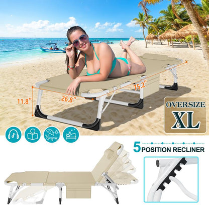 [Dealsforyoudays]Docred Face down Folding Tanning Chair with Cushion,Oversized 5-Position Recliner, Detachable Pillow, Portable Chaise Lounge for Sunbathing, Beach, Pool, Camping