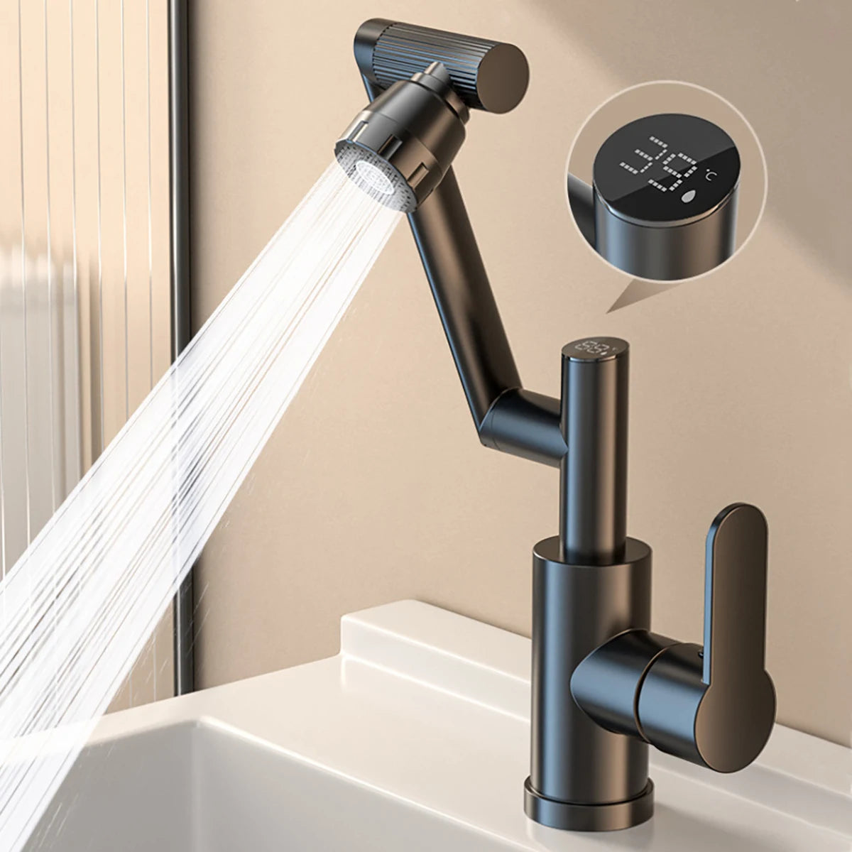 Digital Display LED Basin Faucet 360 Rotation Multi-Function Stream Sprayer Hot Cold Water Sink Mixer Wash Tap for Bathroom