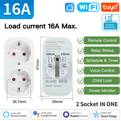 TUYA Smart Plug Wifi or Zigbee3.0 Socket EU 16A/20A Power Monitor Timing Function Voice Control Work with Alexa Google Home