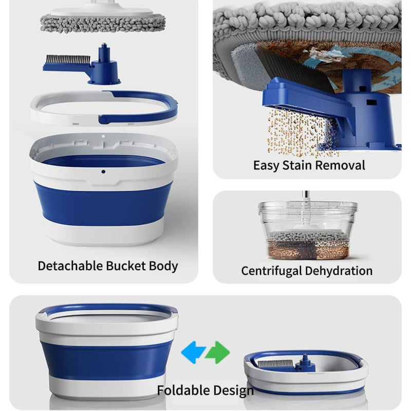 Foldable Spin Mop & Square-Head Collapsible Bucket – Space-Saving Self-Wring Microfiber Mop with Extendable Stainless-Steel Handle for Hardwood, Tile & Marble Floors Adjustable Cleaning Silicone Brush
