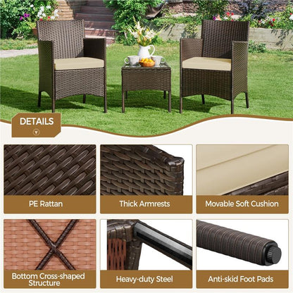 【#Fathersdaygift】Yaheetech 3-Piece Patio Furniture Set, Outdoor Rattan Conversation Furniture Set, 2 Chairs with Cushions & 1 Side Table for Bistro/Porch/Garden/Deck/Courtyard