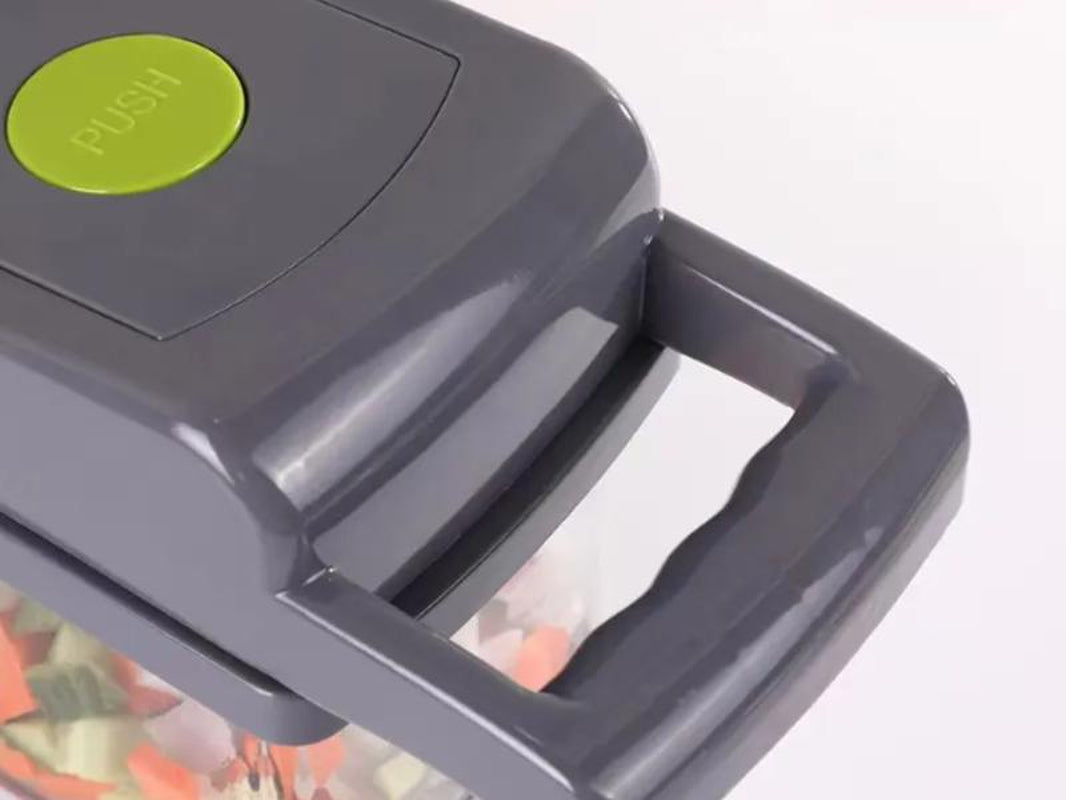 Adierim 14 in 1 Vegetable Slicer Dicer Multifunctional Onion Carrot Garlic Chopper with Container Gray Plastic Kitchen Steel Utensils Chopping Handy Lid Stainless Transparent