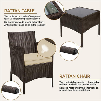 【#Fathersdaygift】Yaheetech 3-Piece Patio Furniture Set, Outdoor Rattan Conversation Furniture Set, 2 Chairs with Cushions & 1 Side Table for Bistro/Porch/Garden/Deck/Courtyard