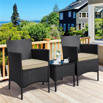 【#Fathersdaygift】Yaheetech 3-Piece Patio Furniture Set, Outdoor Rattan Conversation Furniture Set, 2 Chairs with Cushions & 1 Side Table for Bistro/Porch/Garden/Deck/Courtyard