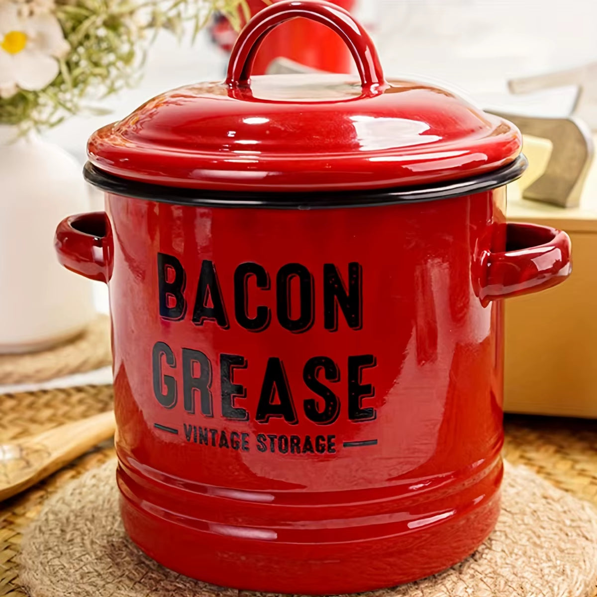 1Pc, Oil Pot, Enamel Grease Container with Lid, Vintage Large Capacity Oil Storage Canister, Rustic Kitchen Decor