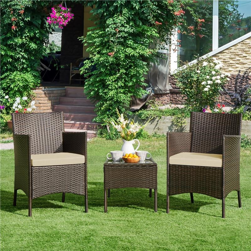【#Fathersdaygift】Yaheetech 3-Piece Patio Furniture Set, Outdoor Rattan Conversation Furniture Set, 2 Chairs with Cushions & 1 Side Table for Bistro/Porch/Garden/Deck/Courtyard