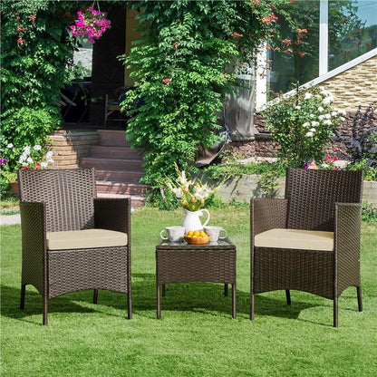 【#Fathersdaygift】Yaheetech 3-Piece Patio Furniture Set, Outdoor Rattan Conversation Furniture Set, 2 Chairs with Cushions & 1 Side Table for Bistro/Porch/Garden/Deck/Courtyard