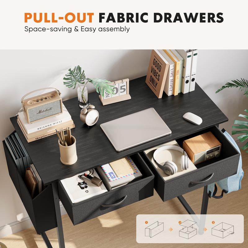 Computer Desk with Drawers Study Writing Table with Storage Bag Headphone Hook Adjustable Feet for Home Office Small Spaces