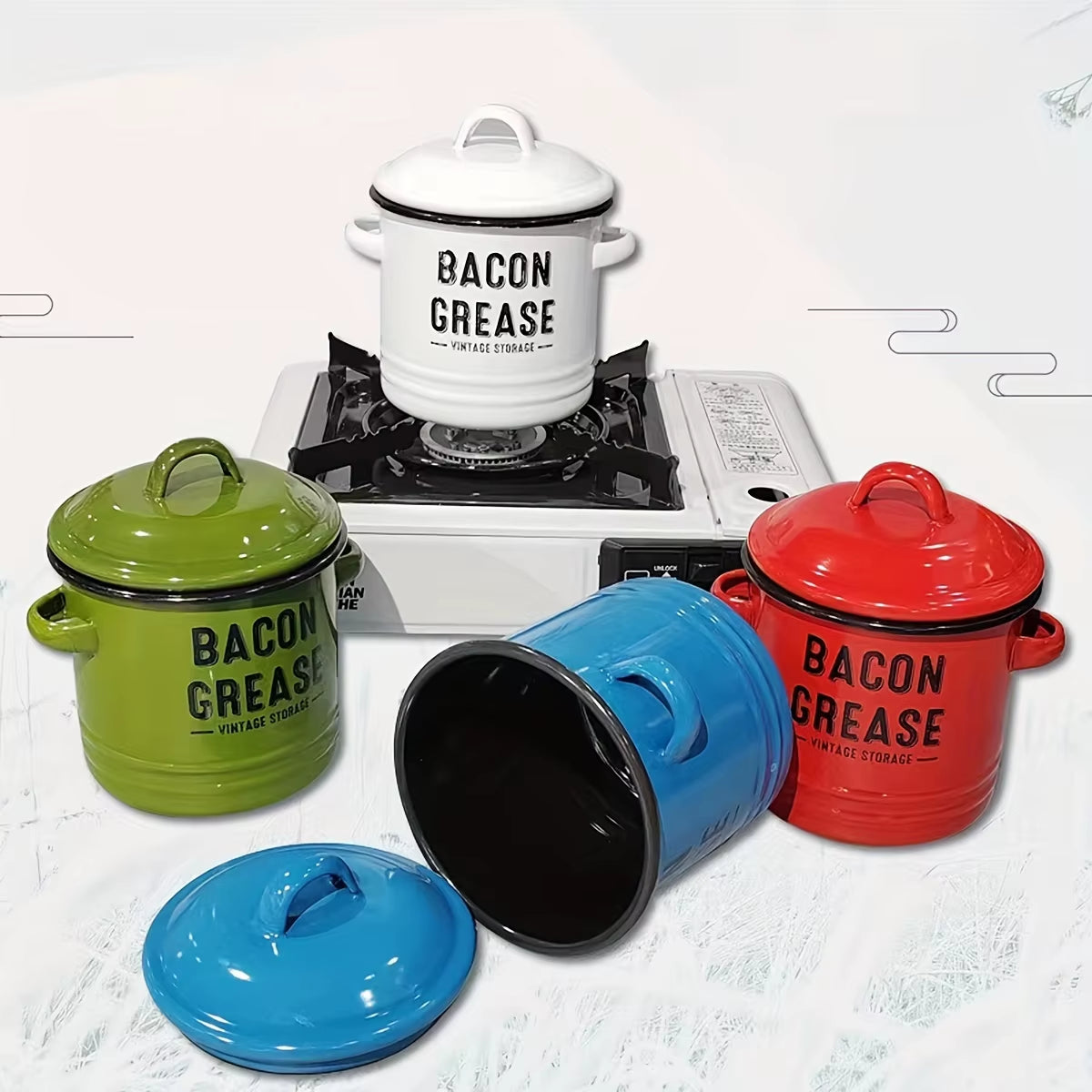 1Pc, Oil Pot, Enamel Grease Container with Lid, Vintage Large Capacity Oil Storage Canister, Rustic Kitchen Decor