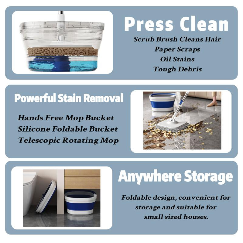 Foldable Spin Mop & Square-Head Collapsible Bucket – Space-Saving Self-Wring Microfiber Mop with Extendable Stainless-Steel Handle for Hardwood, Tile & Marble Floors Adjustable Cleaning Silicone Brush