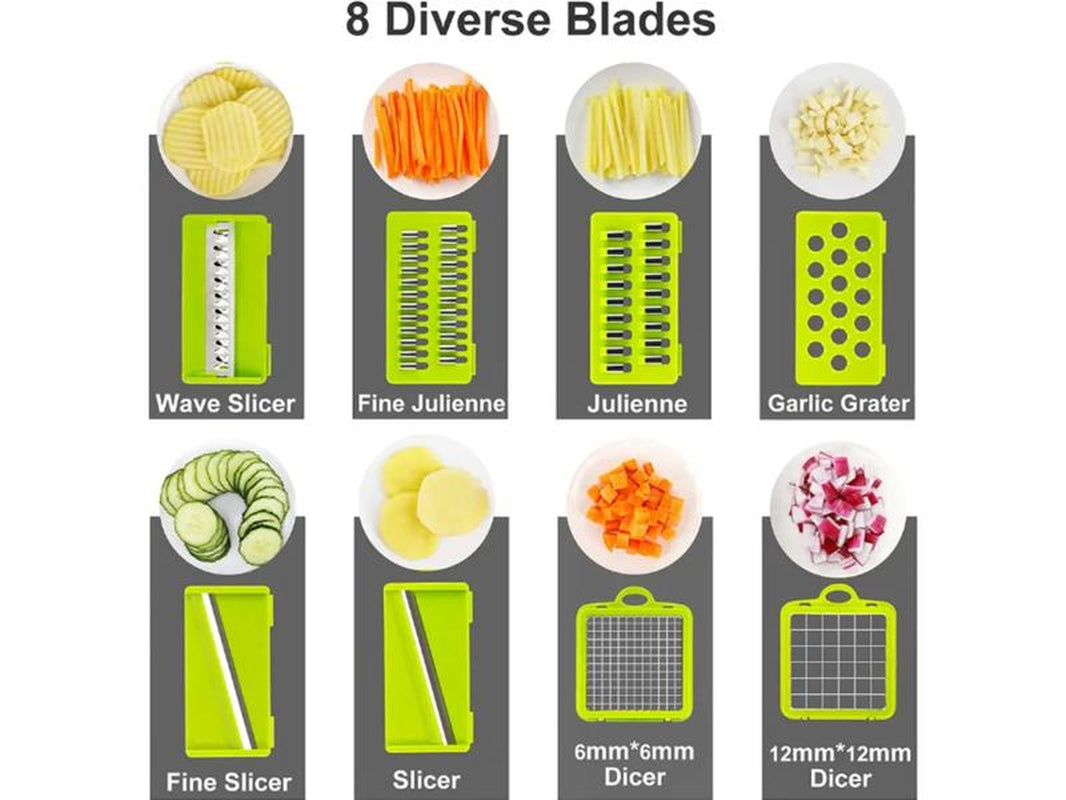 Adierim 14 in 1 Vegetable Slicer Dicer Multifunctional Onion Carrot Garlic Chopper with Container Gray Plastic Kitchen Steel Utensils Chopping Handy Lid Stainless Transparent