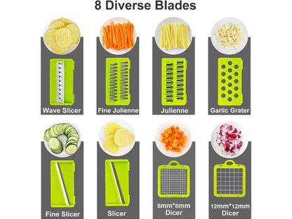 Adierim 14 in 1 Vegetable Slicer Dicer Multifunctional Onion Carrot Garlic Chopper with Container Gray Plastic Kitchen Steel Utensils Chopping Handy Lid Stainless Transparent