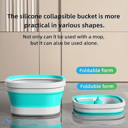 Foldable Spin Mop & Square-Head Collapsible Bucket – Space-Saving Self-Wring Microfiber Mop with Extendable Stainless-Steel Handle for Hardwood, Tile & Marble Floors Adjustable Cleaning Silicone Brush